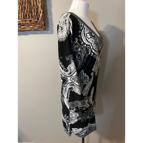 WHBM Mini Dress M Medium Tunic Top Black White Paisley Washable - Picture 5 of 6